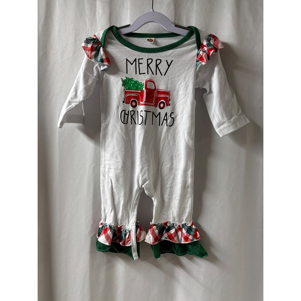 Kids Christmas Long Sleeve Ruffle Romper Red Truck Tree‎ White Green Sz 12-18 mo